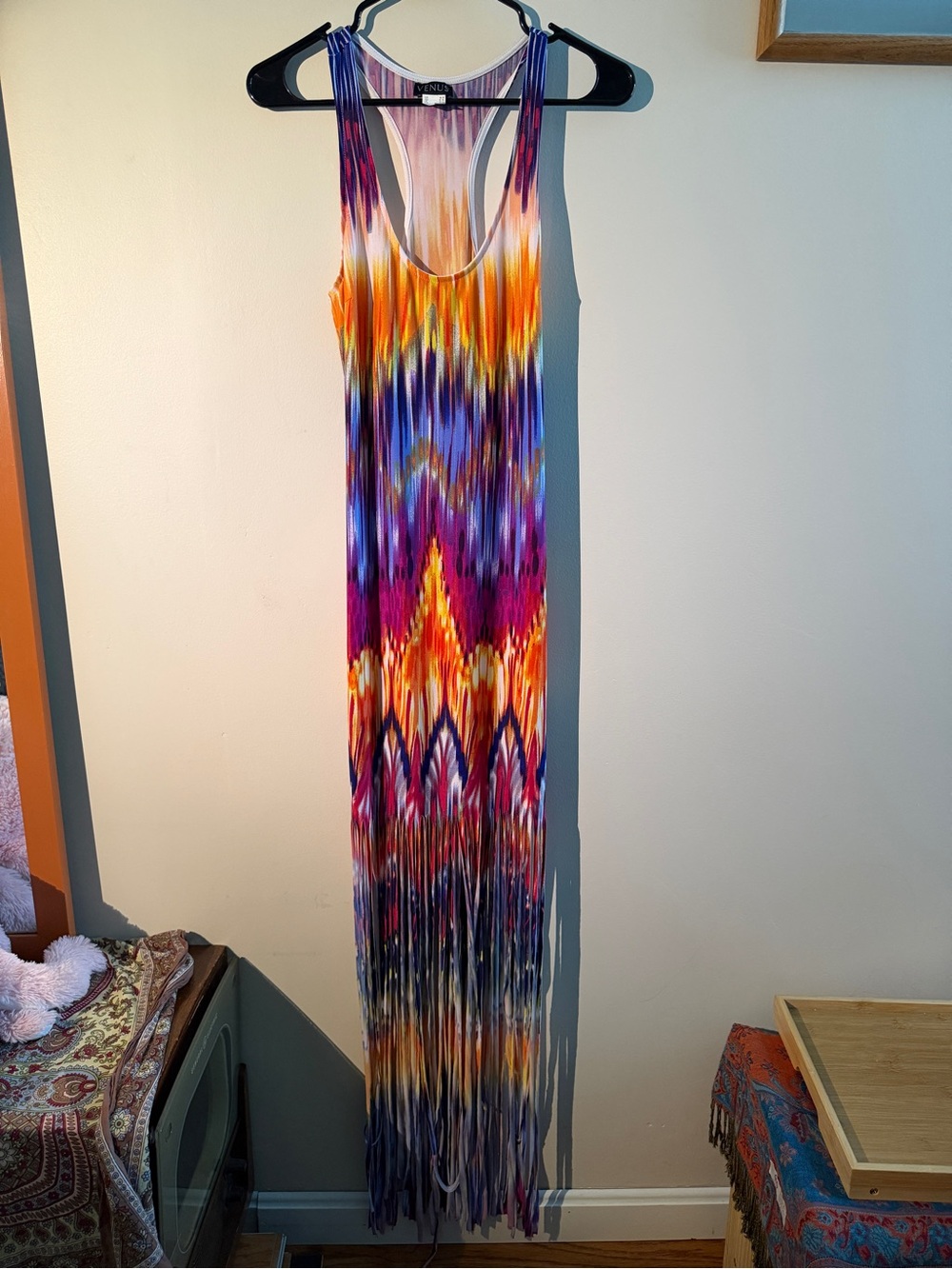 VENUS Multicolor Tie-Dye Maxi Dress with Fringe
